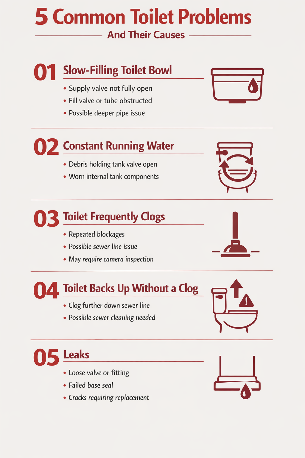 Infographic describing five common toilet problems and their causes